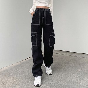 Женские джинсовые брюки карго с карманами, цвет чёрный