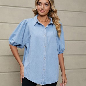 Женская рубашка с короткими рукавами, на пуговицах, цвет светло-синий
