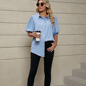 Женская рубашка с короткими рукавами, на пуговицах, цвет светло-синий