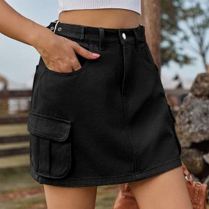 Женская джинсовая мини-юбка с карманами, цвет чёрный