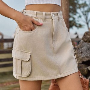 Женская джинсовая мини-юбка с карманами, цвет бежевый