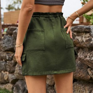 Женская джинсовая мини-юбка с карманами и эластичным поясом на завязках, цвет зелёный
