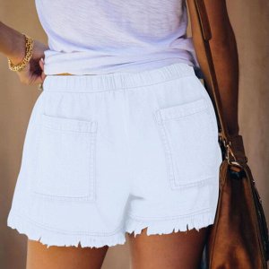 Женские джинсовые шорты с карманами, бахромой и эластичным поясом на завязках, цвет белый