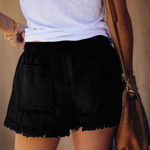 Женские джинсовые шорты с карманами, бахромой и эластичным поясом на завязках, цвет чёрный
