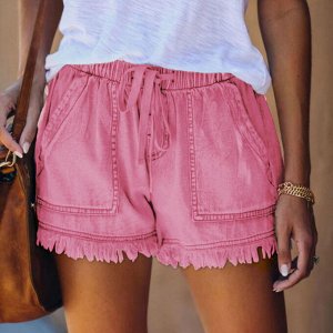Женские джинсовые шорты с карманами, бахромой и эластичным поясом на завязках, цвет розовый
