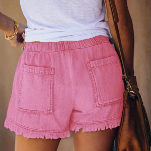 Женские джинсовые шорты с карманами, бахромой и эластичным поясом на завязках, цвет розовый