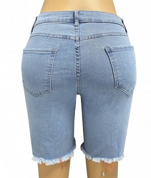 Женские джинсовые шорты с карманами и потёртостями, цвет светло-синий/оранжевый