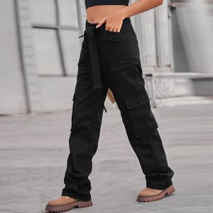 Женские джинсовые брюки карго с карманами и поясом, цвет чёрный