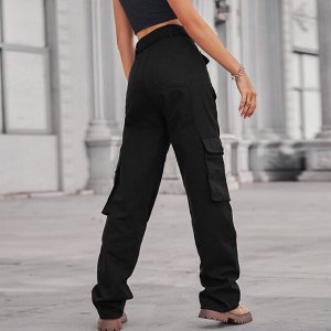 Женские джинсовые брюки карго с карманами и поясом, цвет чёрный