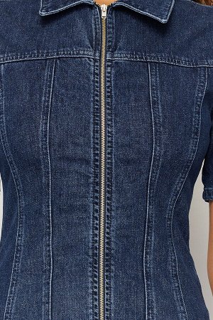 Темно-синее мини-джинсовое платье с застежкой-молнией из экологически чистого материала
