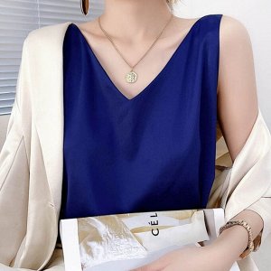 Шелковая блуза без рукавов и с V-образным вырезом, синий