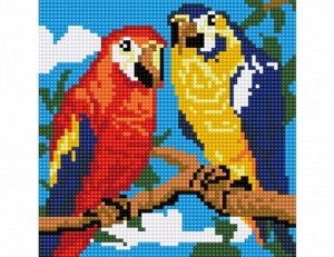 Алмазная мозаика "Два попугая" 20*20 см. (с подрамником, блестящая,с полным заполнением)