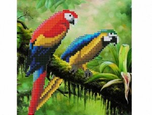 Алмазная мозаика "Красивые попугаи" 20*20 см. (без подрамника, блестящая,с частичным заполнением)