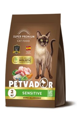 PETVADOR HOLISTIC Полнорационный корм для кошек с чувствительным пищеварением, с лососем и бурым рисом, 12 кг