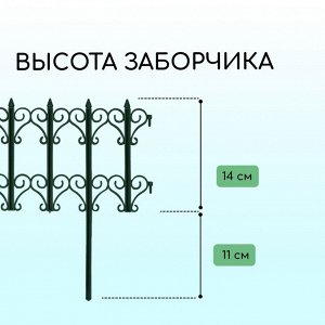 Заборчик садовый декоративный КЛАССИКА (5 секций, суммарная длина 1,8 метра, высота 25,5 см), для украшения сада, зеленый