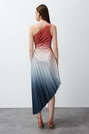 Разноцветное асимметричное вязаное атласное элегантное вечернее платье со складками
