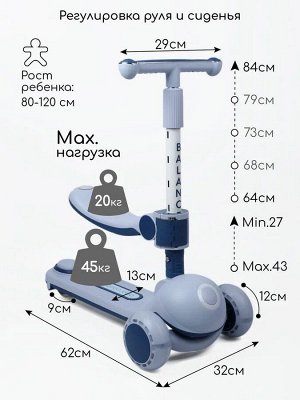 Самокат (кикборд) трехколесный Amarobaby Balance, синий