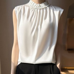 Шелковая блуза без рукавов, с полувысоким воротником, белый