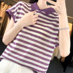 Трикотажная футболка-поло с принтом в полоску, фиолетовый