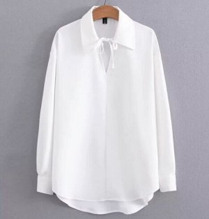 Рубашка удлиненная без пуговиц, воротничок на завязках, белый