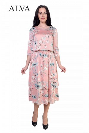 Платье Воздушное платье Орхидея 8474-1 выполнено из ткани шелк "Armani", и подъюбник из трикотажной ткани.Рукава 3/4 и кулиска на талии элегантно подчеркивают достоинства фигуры.  Цветочный принт этог