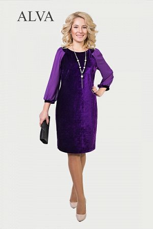 Платье Платье Бархана 8373 модного фиолетового цвета подходит для коктейльных вечеринок. Выполнено из ткани стрейч бархат- мрамор.Рукав выполнен из  шифона с бархатным манжетом. Эта модель поможет под