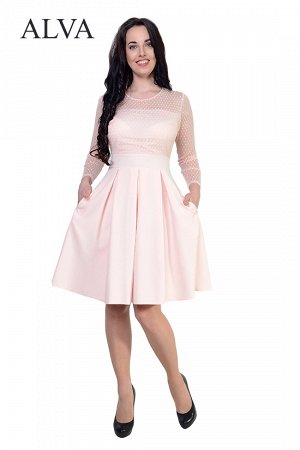 Платье Изящное  платье  Алисия 8464-4 с длинным рукавом. Приталенный силуэт идеально сидит по фигуре. Верх и рукава изделия выполнены из эластичной сетки в горошек(флок). Платье выполнено из ткани пла