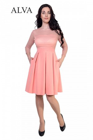 Платье Легкое платье  Алисия 8464-8 с длинным рукавом. Приталенный силуэт идеально сидит по фигуре. Верх и рукава изделия выполнены из эластичной сетки в горошек(флок). Платье выполнено из ткани плате