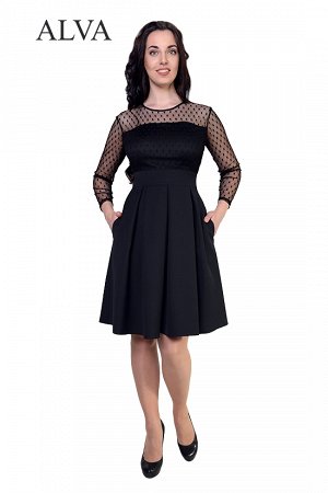 Платье Изящное черное платье  Алисия 8464-1 с длинным рукавом. Приталенный силуэт идеально сидит по фигуре. Верх и рукава изделия выполнены из эластичной сетки в горошек(флок). Платье выполнено из тка