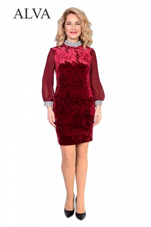 Платье Элегантное вечерние платье Светлана 8466-1, выполнено из ткани стрейч бархат- мрамор.Рукав выполнен из  шифона с  манжетом.  Неповторимый образ платью придает декоративная тесьма с имитацией ка