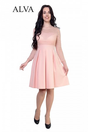 Платье Женственное платье  Алисия 8464-6 с длинным рукавом. Приталенный силуэт идеально сидит по фигуре. Верх и рукава изделия выполнены из эластичной сетки в горошек(флок). Платье выполнено из ткани 