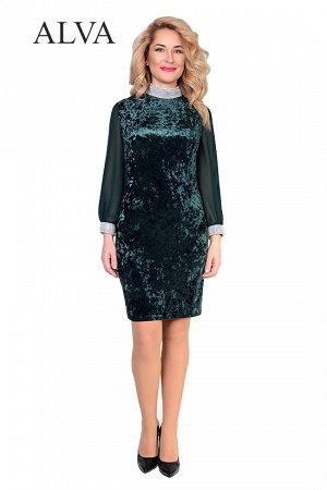 Платье Элегантное, вечерние платье Светлана 8466-3 изумрудного цвета, выполнено из ткани стрейч бархат- мрамор.Рукав выполнен из  шифона с  манжетом.  Неповторимый образ платью придает декоративная те