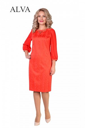 Платье Женское платье Жизель 8455-3 красного цвета из ткани жаккард с шифоновыми руковами. Это платье подходит  как для торжества, так и для повседневной носки.  Длина платье около 100-110см.
