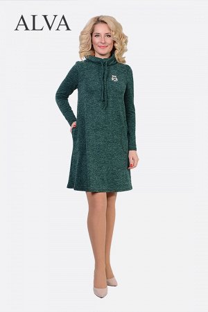 Платье Теплое платье Лика 8396-2, темно-зеленого цвета , модного свободного силуэта с горловиной хомут, что придает платью особый уют в холодную зиму,  выполнено из трикотажной ткани  "ангора-меланж" 