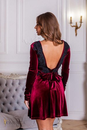 Платье с длинным рукавом из ткани бархат Бордо