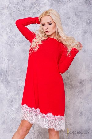 Стильное платье-трапеция с кружевным декором Красный