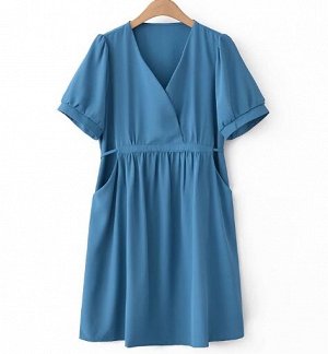 Летнее платье с v-образным вырезом, с карманами, синий