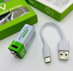 Батарейка 9V КРОНА 1-BL, 335 mAh, перезаряжаемая от кабеля USB-Type-C, цена за 1 штуку