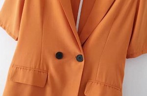 Летний тонкий жакет с лацканами на пуговице с подплечниками, оранжевый