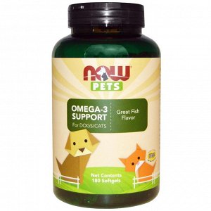 Now Foods, Now Pets, Омега-3 для собак/кошек, прекрасный рыбный вкус, 180 желатиновых капсул