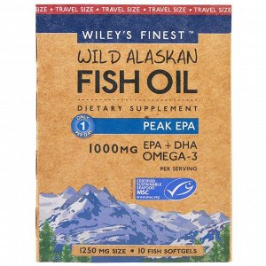 Wileys Finest, Wileys Finest, рыбий жир из промысловой рыбы Аляски, пиковое содержание ЭПК, 1250 мг, 10 мягких капсул-рыбок