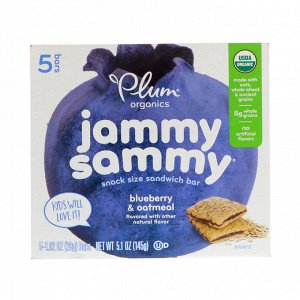 Plum Organics, Kids, Organic Jammy Sammy, черника и овсянка, 5 батончиков по 1,03 унции (29 г) каждый