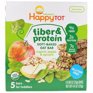Happy Family Organics, Happytot, овсяной батончик с волокнами и протеином, органические яблоки и шпинат, 5 батончиков, 0,88 унци