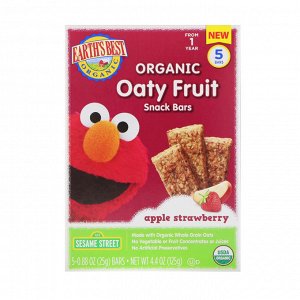 Earth&#x27 - s Best, Sesame Street, Organic Oaty Fruit Snack Bars, Apple Strawberry, 5 Bars, 0.88 oz (25 g) Each