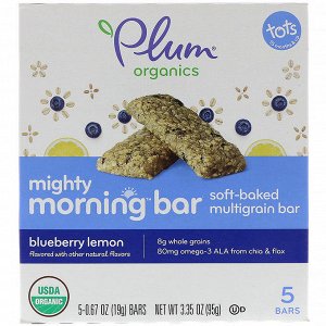 Plum Organics, Мощный утренний батончик, Для малышей, Черника и лимон, 5 батончиков, 0,67 унц. (19 г) каждый