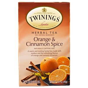 Twinings, Чай из трав, со вкусом апельсина и корицы, без кофеина, 20 отдельных пакетиков, 40 г