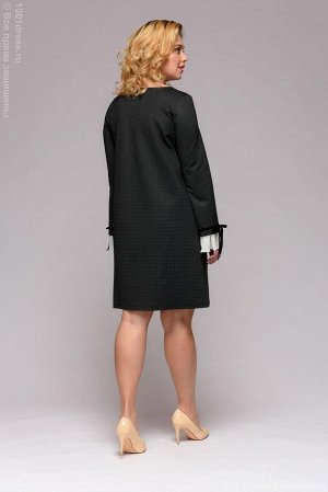 Платье черное с мелким принтом длины мини с декоративной отделкой рукавов