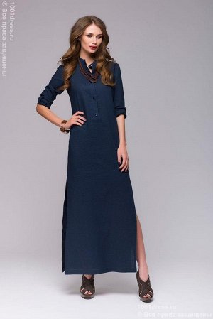 Синее платье-рубашка длины макси с разрезами
