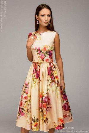 Платье ванильного цвета длины миди без рукавов с цветочным принтом
