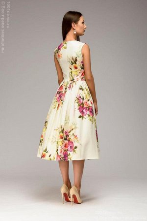 Платье ванильного цвета длины миди без рукавов с цветочным принтом